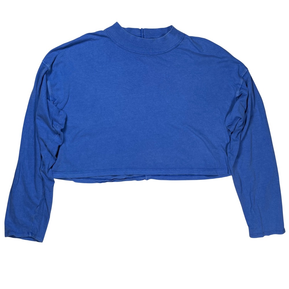 We The Free Cropped Mock Neck Top Womens XS Blue Long Sleeve Boxy Raw Hem